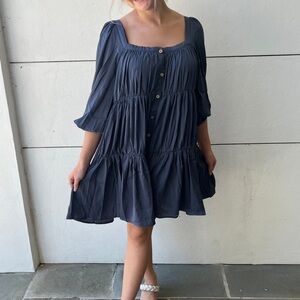 She + Sky Tiered Blue Satin Dress